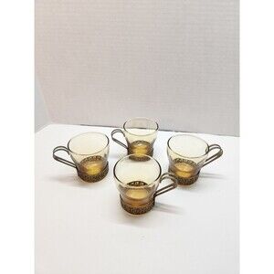 Libbey Greek Key Amber Glass Cups with MCM Metal Handle Set of 4